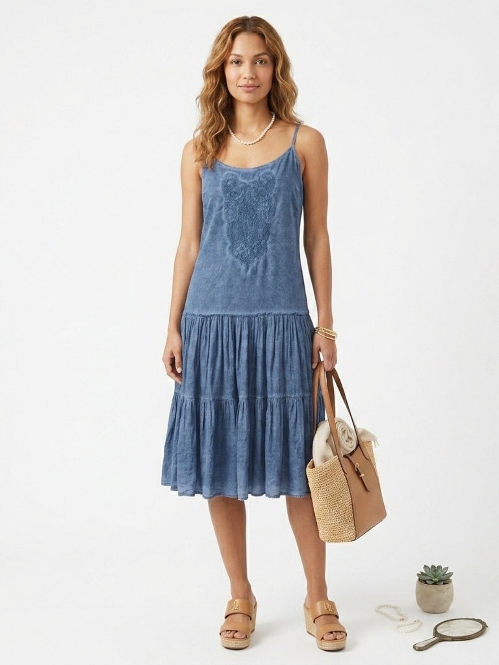 Lauren Ralph Lauren Chambray Tiered Sleeveles Dress Cotton Boho Crochet Applique